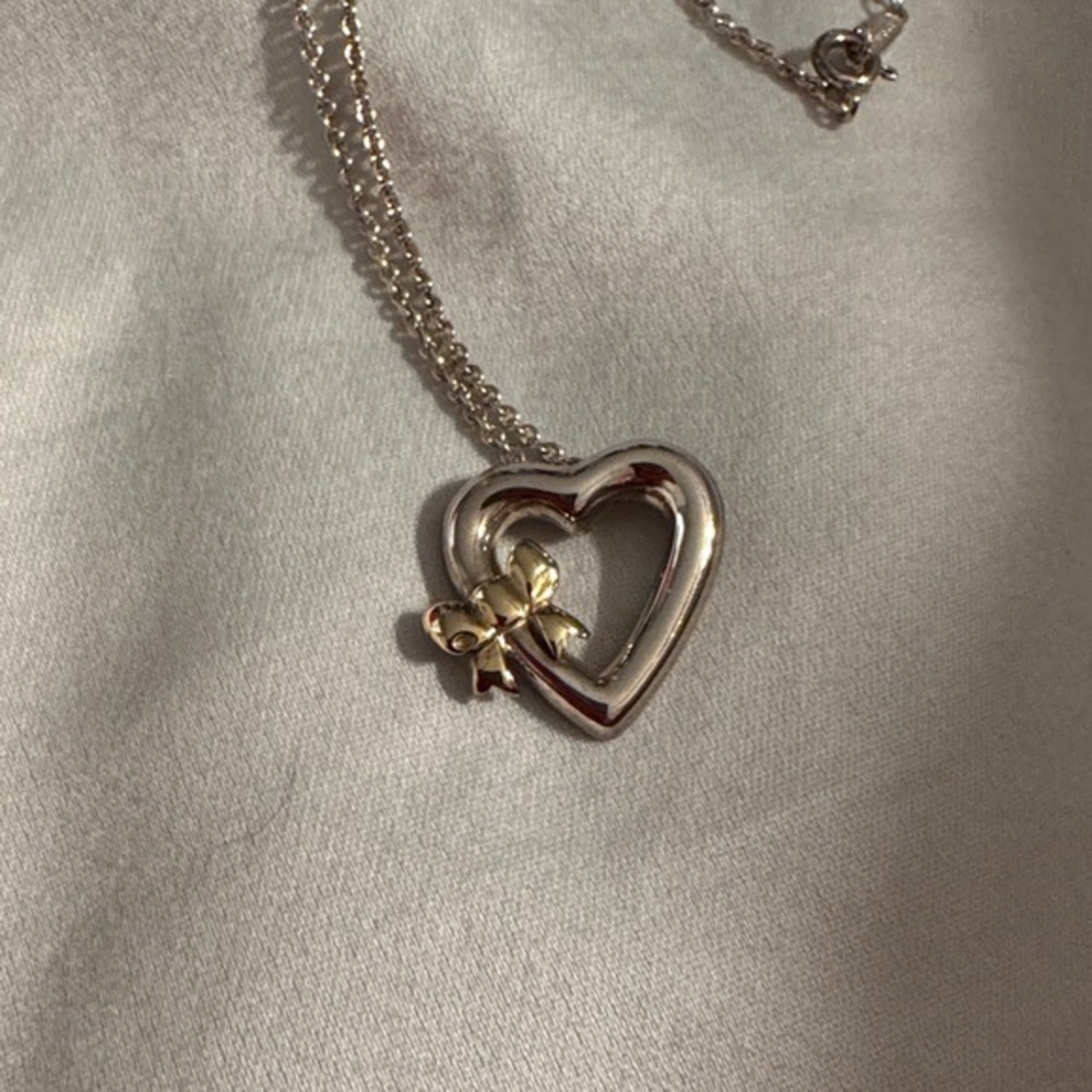 Tiffany & Co Silver Heart with 18kt Gold Ribbon Bow Necklace - Picture 1 of 11